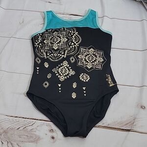 𝅺justice Active Girls size 14 Leotard Cute Criss Cross Back and Beautiful Gold